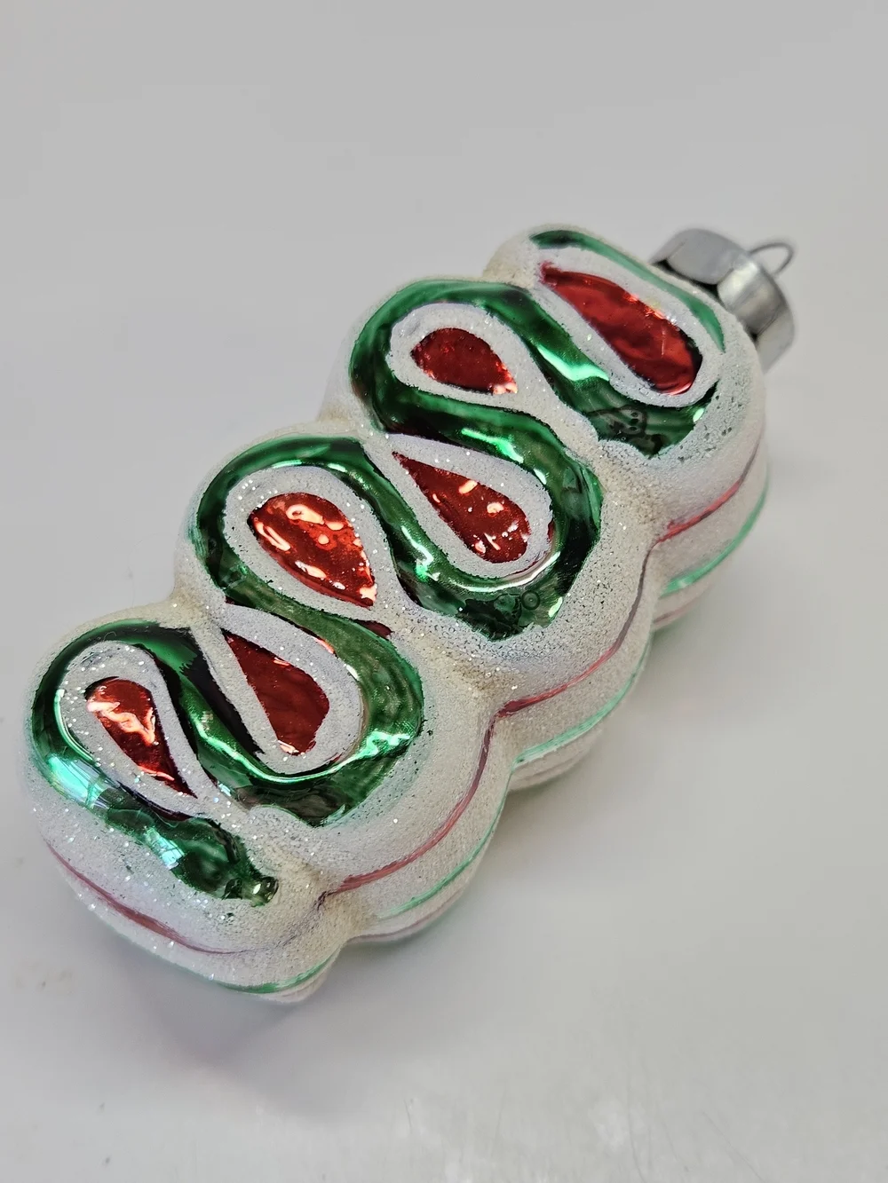 VINTAGE Rauch Red & Green Christmas Ribbon Candy Glitter Glass Ornament